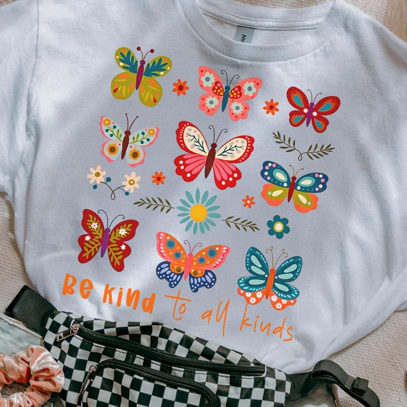 Close-up of the intricate 'Be Kind to All Kinds' boho floral design with butterflies and wildflowers.
