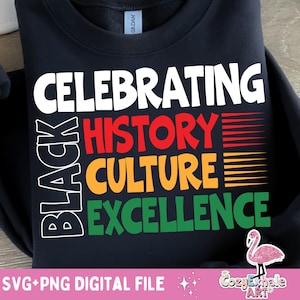 May include: Black sweatshirt with the text "Celebrating Black History Culture Excellence" in white, red, yellow, and green lettering. The text is layered with red, yellow, and green stripes. The sweatshirt is on a white background.