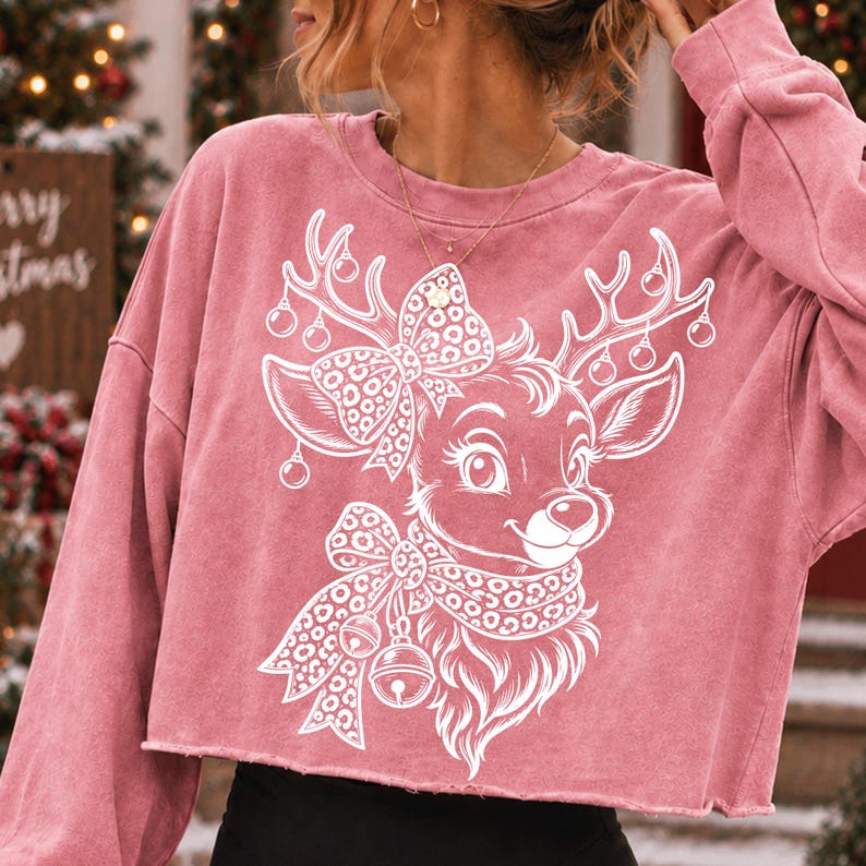 Mockup of a festive Christmas mug featuring the Coquette Christmas Reindeer PNG, showcasing its use in holiday craft projects.