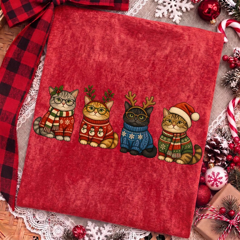K&ouml;nnte beinhalten: Ein rotes Stoffquadrat mit einem Grafikdruck von vier Katzen, die Brillen und Weihnachtspullover tragen. Die erste Katze tr&auml;gt einen gestreiften Schal, die zweite einen Schneemann-Pullover mit Geweih, die dritte einen blauen Pullover mit Geweih.