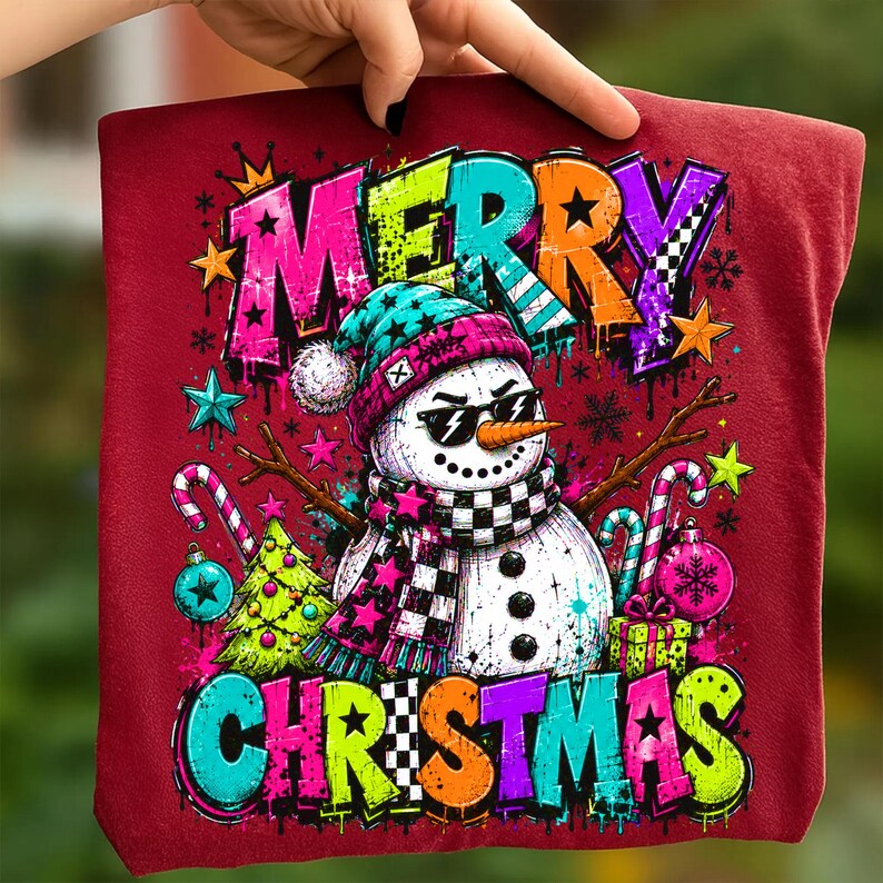 Image of Graffiti Retro Snowman Christmas Shirt Design, Vibrant Winter Holiday Graphic (Digital Download)