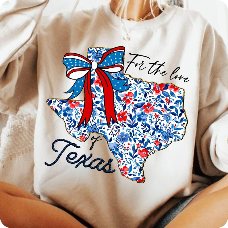 Celebrate Texas pride and 4th of July with this Floral Texas Map Coquette PNG! Featuring a trendy brushstroke design with a patriotic touch, perfect for sublimation projects, shirts, and Independence Day designs!