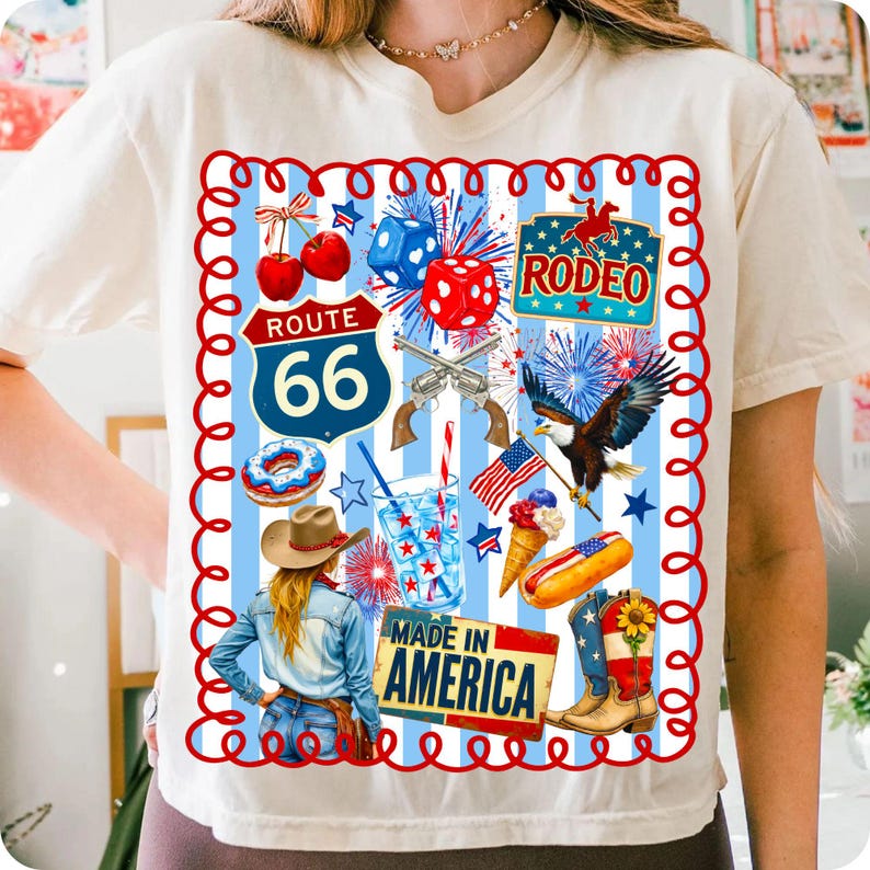 Mockup displaying the Western Collage 4th of July PNG on a white t-shirt, highlighting its apparel potential.