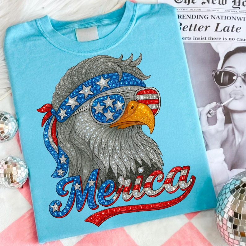 Faux embroidery style 4th of July Eagle PNG on a cozy sweatshirt