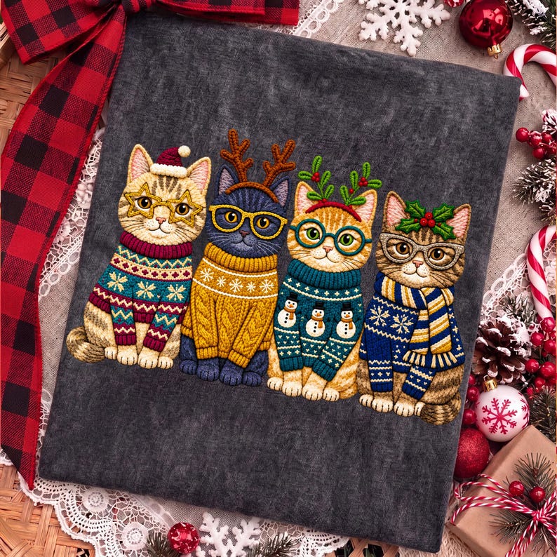May include: A dark gray fabric featuring an embroidered design of four cats wearing festive holiday sweaters and accessories. The cats wear glasses, reindeer antlers, and winter hats, with patterns including snowflakes and snowmen on their clothing.