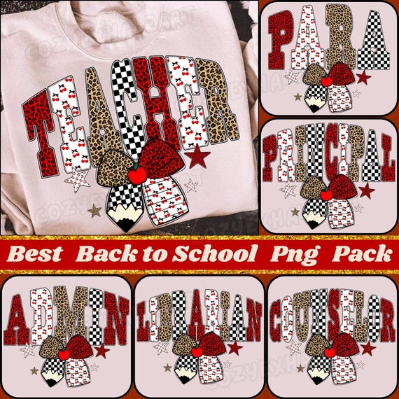 Retro Checkered Back to School PNG Bundle: Teacher & Librarian Designs (Digital Download)