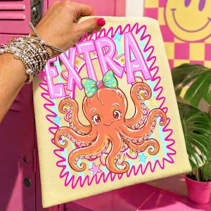 Extra Octopus PNG Sublimeringsdesign, Preppy Coquette Coastal Beach Shirt Grafik, Girly DTF Transfer Fil, Retro Summer Digital Nedladdning bild 5