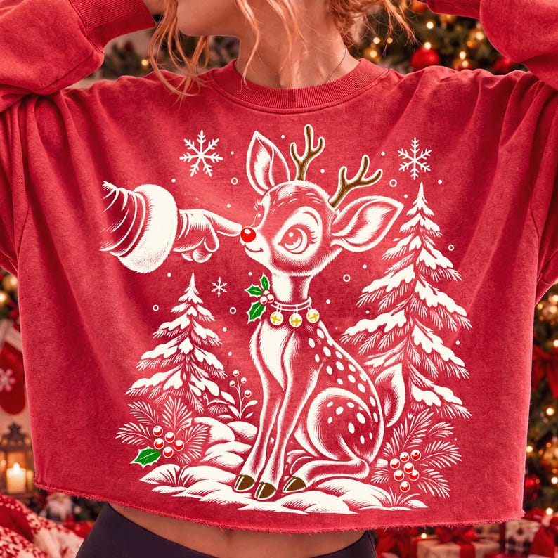 Retro Fawn Design on a dark Christmas sweatshirt mockup