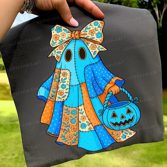 Retro Denim Ghost PNG: Patchwork Coquette with Bow (Digital Download