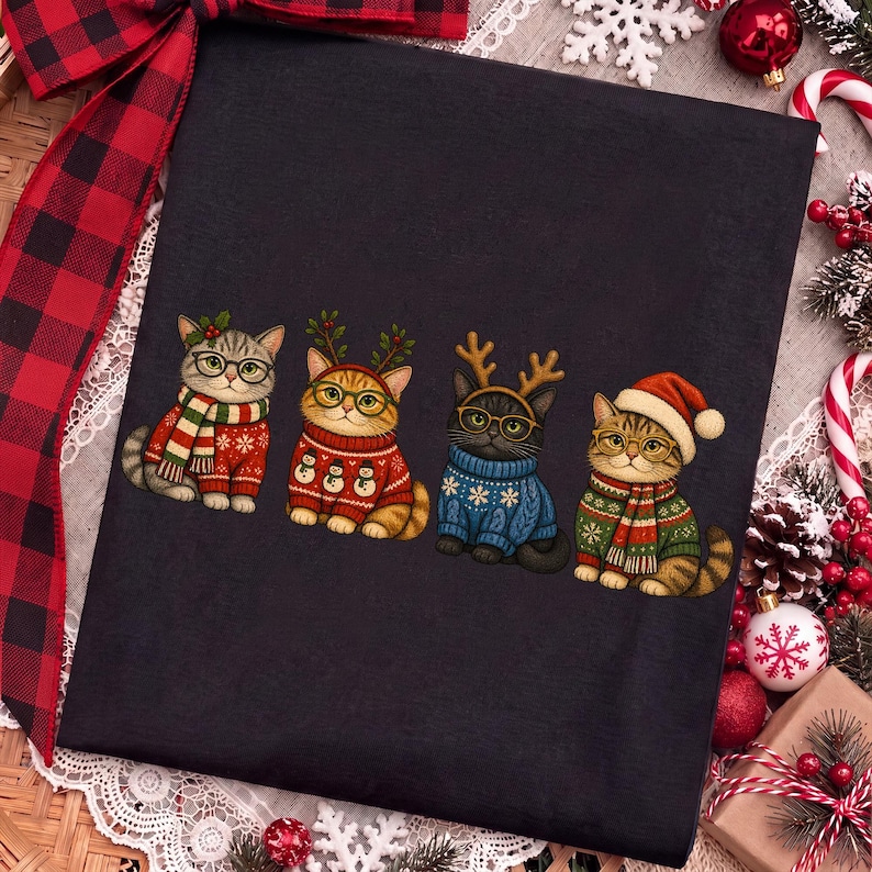 K&ouml;nnte beinhalten: Ein schwarzes T-Shirt mit einem Grafikdruck von vier Katzen in festlicher Kleidung. Die Katzen tragen Pullover, Schals und Rentiergeweihe, einige haben eine Brille auf. Das Design enth&auml;lt weihnachtliche Elemente wie Schneem&auml;nner und Schneeflocken.