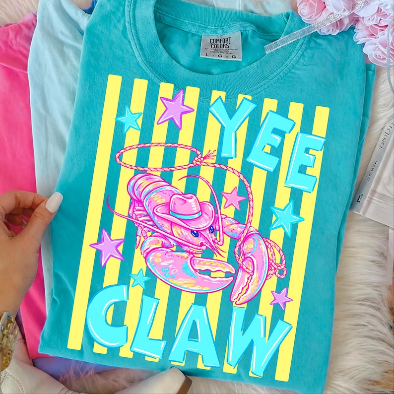 Image of Yee Claw Lobster Cowboy PNG Striped Coastal Cowgirl Sublimation Design Western Beach Tomato Girl Summer Retro Seafood Fisherman core Shirt