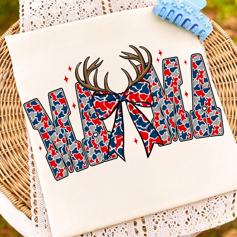 Close-up of the detailed deer antlers and coquette bow on the Retro Camo Mama digital design.