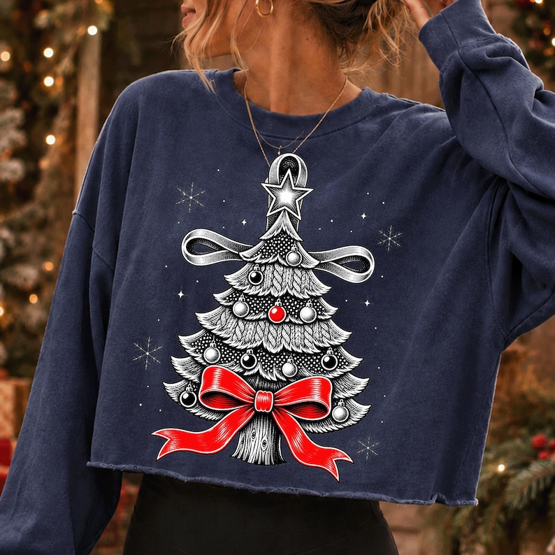 Vintage Christmas Tree PNG with Red Bow and Star Topper