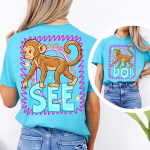 monkey see monkey do, preppy primate png, retro school spirit, teacher rhyming png, classroom spirit art, striped animal png, back to school png, jungle animal png, sublimation design, dtf transfer art, pink teal monkey, cute teacher shirt, viral catchphrase