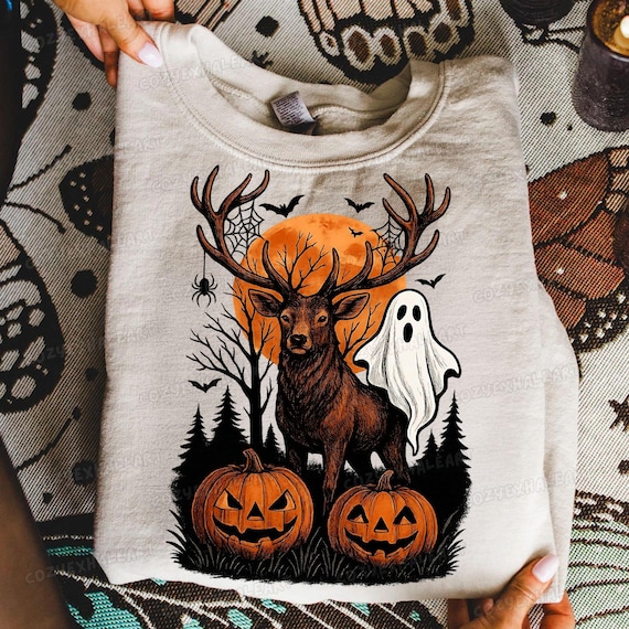 Spooky Vintage Halloween Deer Clipart: Forest Buck with Pumpkins, Bats & Antler Skull for Fall Designs