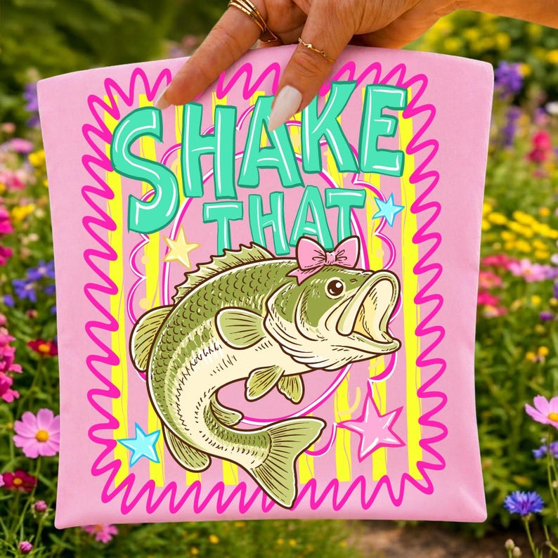 Image of Shake That Bass PNG, Striped Bass Fishing Sublimation Design, Preppy Fishing Bow PNG, Retro Lake Life Digital Download, Fishing Shirt Design