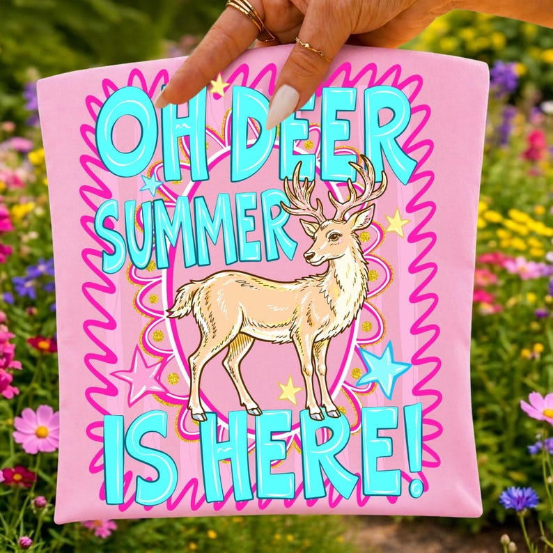 Close-up of the 'Oh Deer Summer' preppy deer design with tropical elements