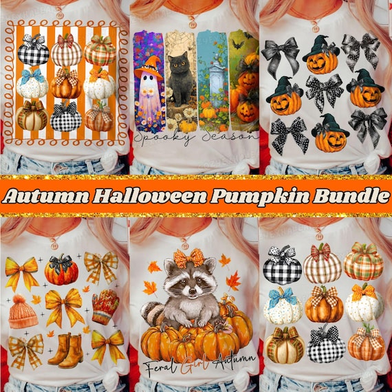Coquette Pumpkin PNG Bundle: 6 Preppy Fall Halloween Designs with Bows, Raccoon & Brushstrokes