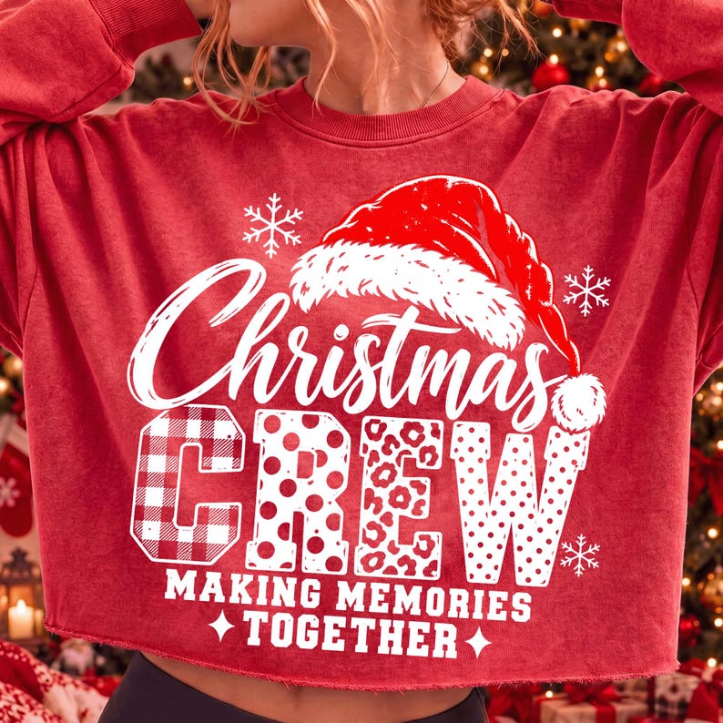 Close-up of a Christmas Crew design on a mug, showcasing the mixed patterns and Santa hat.