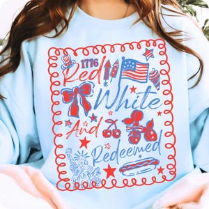 Red White & Redeemed PNG, Coquette Patriotic USA Sublimation Design, 4th of July Christian PNG, Red White Blue Faith Shirt Clipart