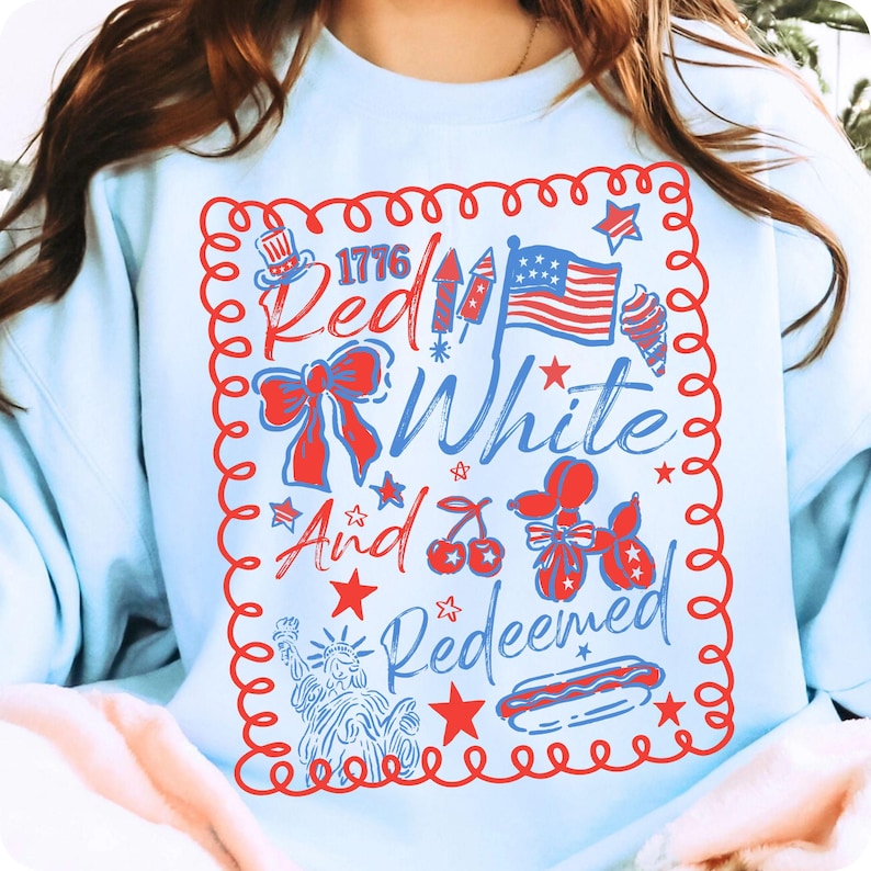 Image of Striped Red White and Redeemed PNG Coquette 4th of July Sublimation Digital Download Patriotic Christian USA Faith Shirt Preppy America