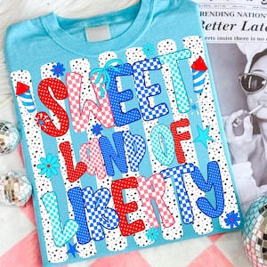 Sweet Land of Liberty PNG Patriotic Coquette Bow Shirt Design 4th of July USA Stripes Sublimation Graphic Est 1776 American Girl Digital