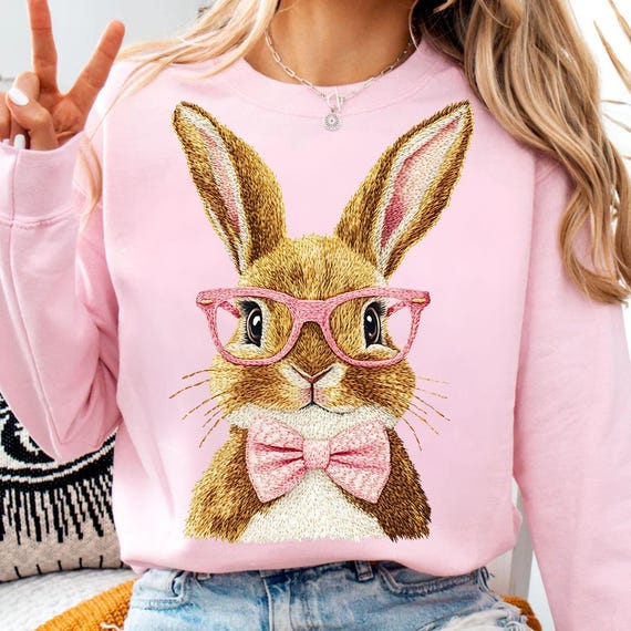 Retro Easter Bunny PNG: Funny Sunglasses, Faux Embroidery (Digital Download)
