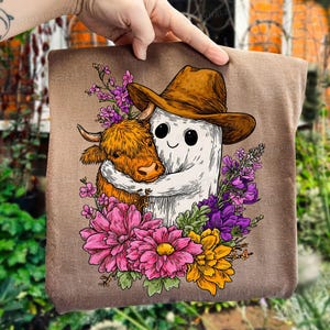 Retro Highland Cow Ghost PNG: Autumn Floral Halloween Design (Digital Download