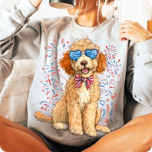 Goldendoodle Patriotic PNG, Fourth of July Dog Clipart, USA Dog Digital Illustration, Red White Blue Bow, Retro 4th of July Sublimation