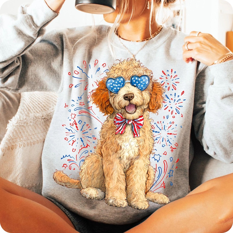 Close-up of the high-resolution Goldendoodle Patriotic PNG, highlighting the intricate details of its stars and stripes bow.