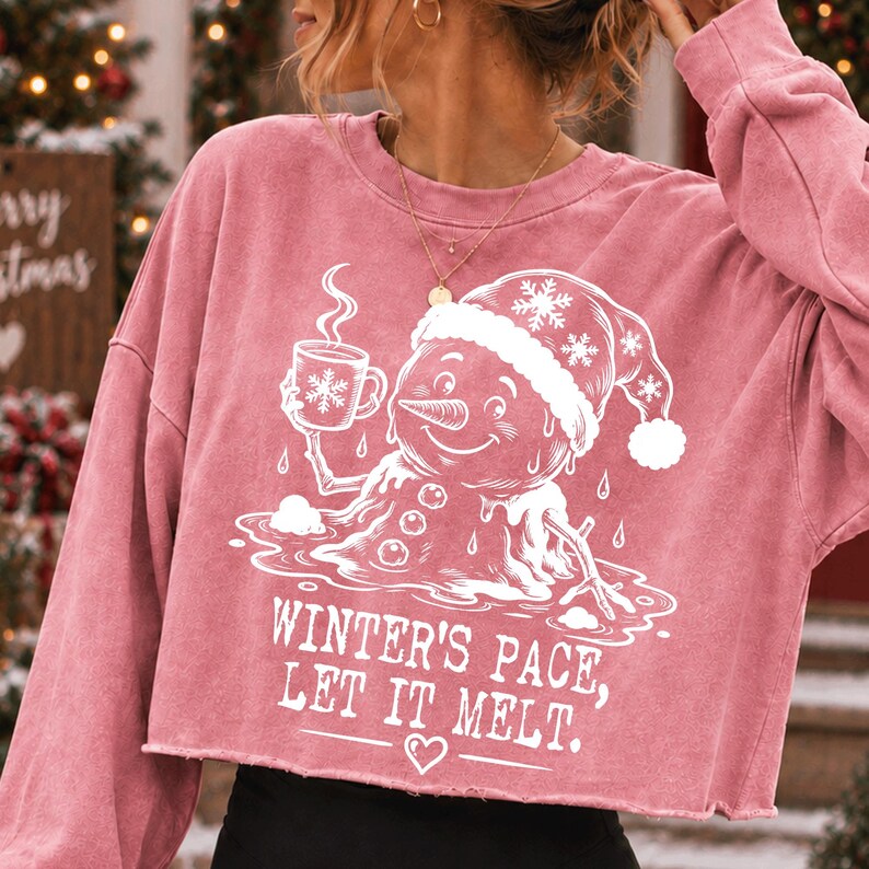 Image of Funny Melting Snowman PNG, Winter's Pace Let It Melt, White Line Art (Digital Download)