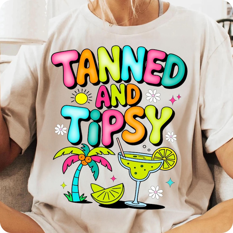 Tanned and Tipsy PNG, Funny Retro Summer Sublimation Design, Coquette Beach Vibes Clipart, Margarita Girls Trip Preppy Aesthetic
