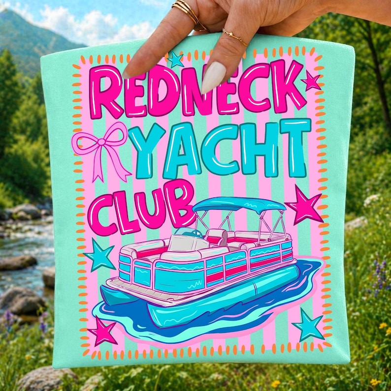 Mockup of a white t-shirt showcasing the Redneck Yacht Club digital design with a pontoon boat and pink bow.