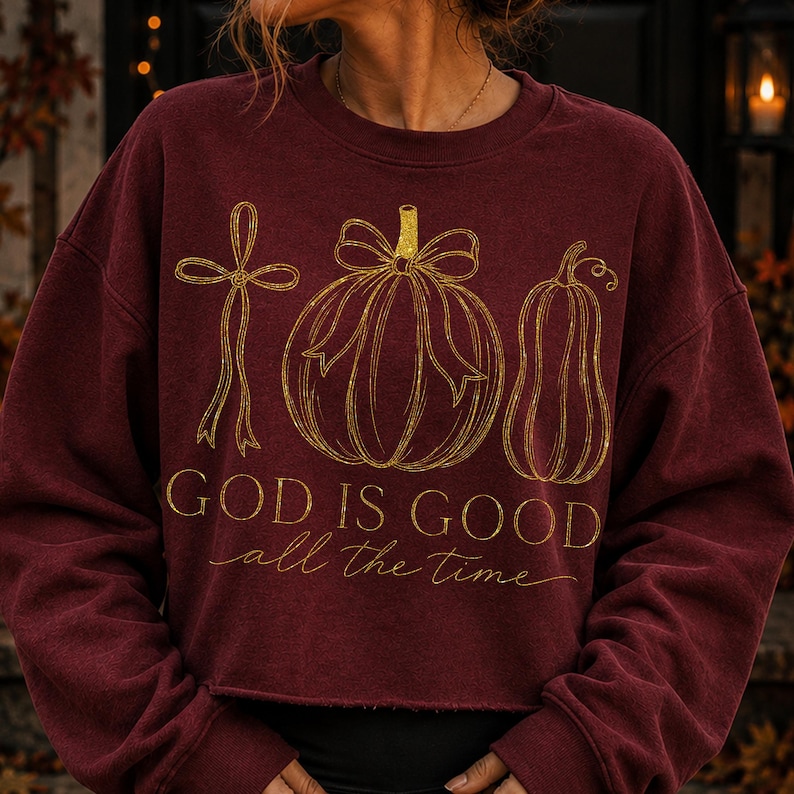 K&ouml;nnte beinhalten: Ein bordeauxrotes Langarm-Sweatshirt mit Rundhalsausschnitt und einem goldenen Grafikdruck, der eine Schleife, einen K&uuml;rbis mit Schleife und einen Zierk&uuml;rbis zeigt. Der Text "GOD IS GOOD all the time" steht in goldener Schrift unter den Motiven.