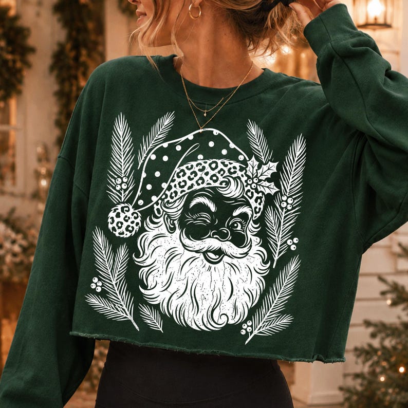 Collection of products like mugs, tumblers, and tote bags with the Leopard Print Santa design.