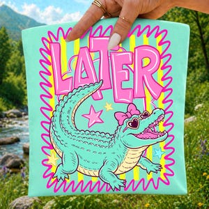Later Gator PNG Digital Design Pink Alligator Preppy Summer Sublimation File Girly Stripe Graphic Kids Shirt Design DTF Clip Art