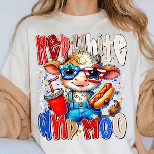 Rödvit och Moo PNG 4 juli Highland Cow Sublimation Design Patriotic Independence Day Digital Download American Pride Cow Clipart bild 6