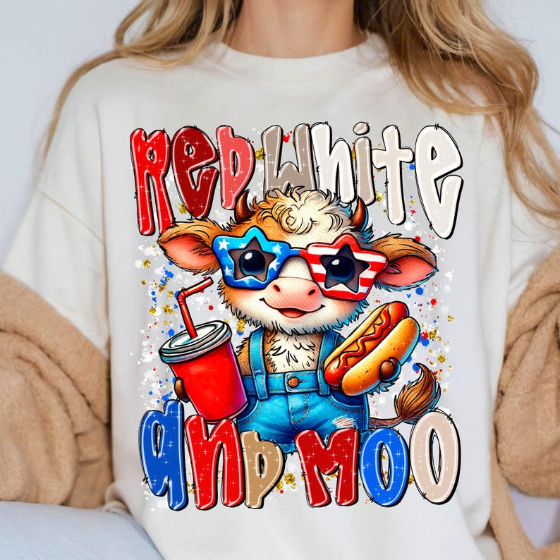 Rödvit och Moo PNG 4 juli Highland Cow Sublimation Design Patriotic Independence Day Digital Download American Pride Cow Clipart bild 6
