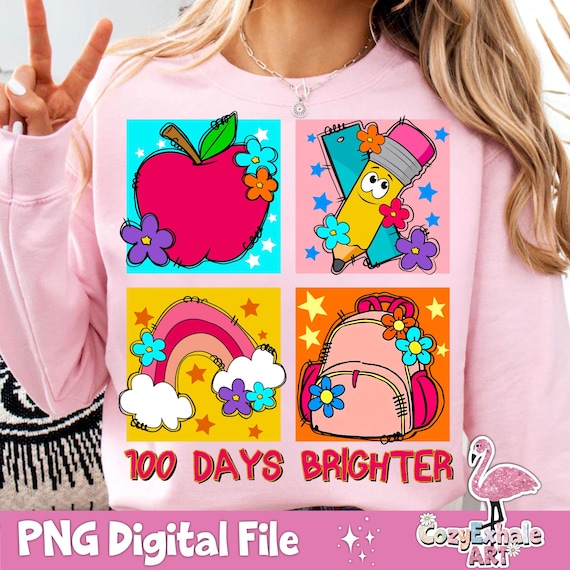 100 Days Brighter PNG: Teacher School Design (Digital Download)