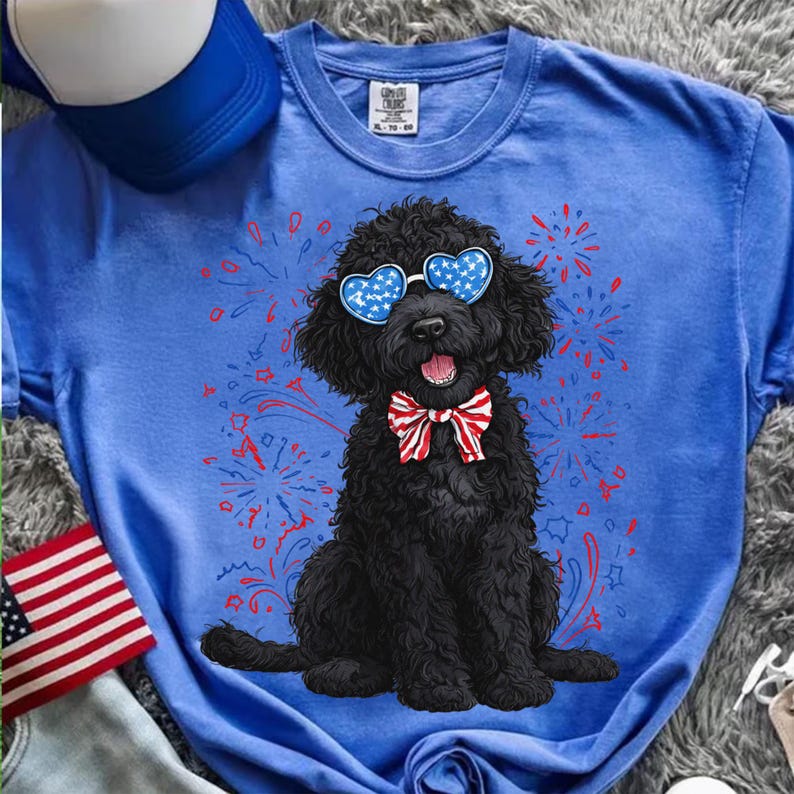 The Patriotic Goldendoodle design displayed on various mockups like a mug and tote bag, demonstrating versatility.