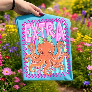 Extra Octopus PNG Sublimeringsdesign, Preppy Coquette Coastal Beach Shirt Grafik, Girly DTF Transfer Fil, Retro Summer Digital Nedladdning bild 3