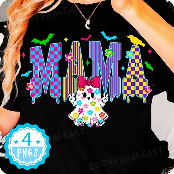 Neon Halloween Mama Mini PNG: Checkered Ghost Sublimation Design (Digital Download)