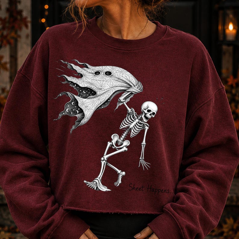 K&ouml;nnte beinhalten: Ein kastanienbraunes Langarm-Sweatshirt mit einem Grafikdruck eines wei&szlig;en Skeletts, das ein Geisterlaken h&auml;lt. Das Laken hat ein schwarzes Inneres mit wei&szlig;en Sternen und Mondsicheln. Der Text "Sheet Happens.." ist darunter in Schwarz aufgedruckt.
