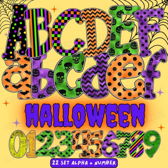 Pastel Halloween Alphabet PNG Bundle Cute Spooky Aesthetic Letters Clipart for Sublimation, Invitations & Fall Crafts, 22 Sets