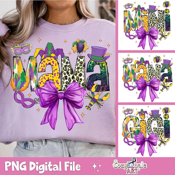Mama Mini Mardi Gras PNG Bundle: Retro Crawfish, Fleur De Lis (Digital Download)