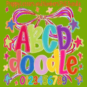 Maskottchen Buchstaben, Zahlen PNG Bundle, helles Doodle Alphabet A-Z 0-9, Buntes, Funky Schrift Clipart Sublimationsdesign, Lehrer 22 Farben