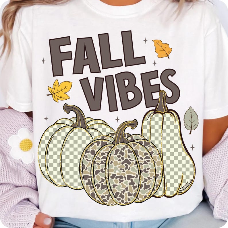 Preppy Camo Fall Pumpkin PNG design featuring a retro-style pumpkin with checkered and camouflage patterns and gold glitter accents.