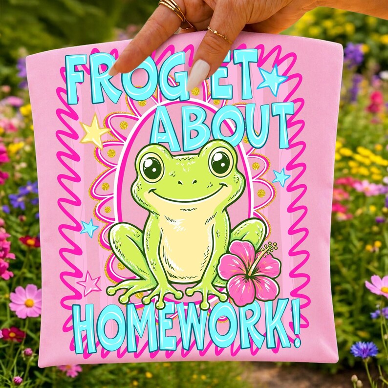 Mockup of the 'Frog-et About Homework' retro frog design on a t-shirt, perfect for last day of school celebrations.