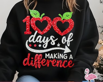 100 Days of School Apple Heart Teacher Sublimation PNG Design for Printable Shirt Gift