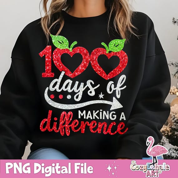 100 Days of School Apple Heart Teacher Sublimation PNG Design for Printable Shirt Gift